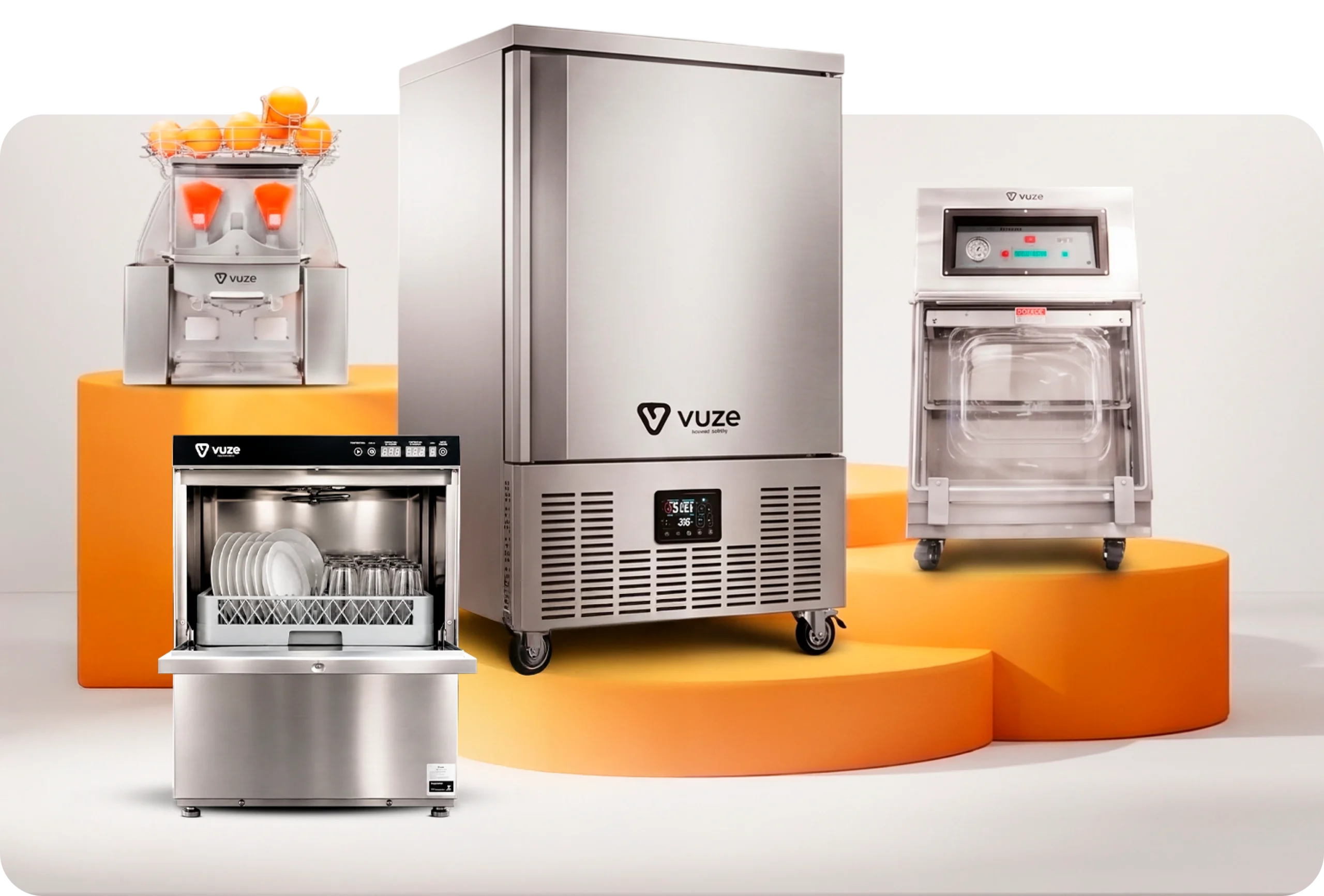 Linha Vuze: máquina de suco, ultracongelador, seladora a vácuo e forno esteira